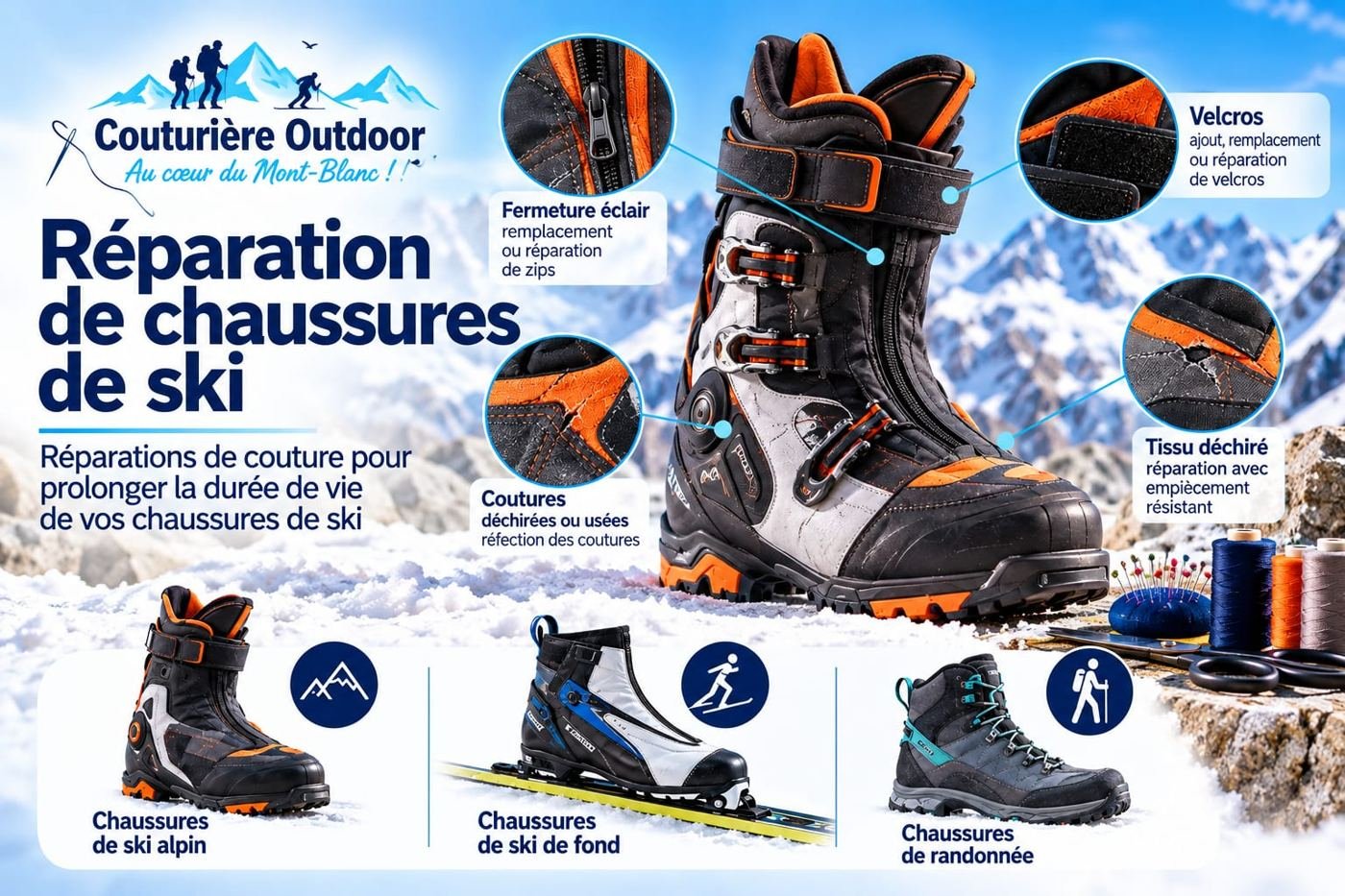 Couturière Outdoor, Réparation de chaussures de ski : réparations de couture pour prolonger la durée de vie de vos chaussures de ski. Fermeture éclair, velcros, coutures, tissu déchiré. Chaussures de ski alpin, de ski de fond et de randonnée