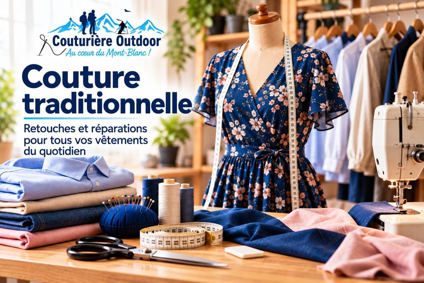 Couturière Outdoor, Couture traditionnelle : retouches et réparations pour tous vos vêtements du quotidien. Robe fleurie sur un mannequin, chemises pliées, fils, mètre ruban et machine à coudre