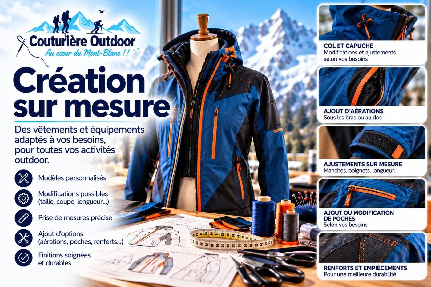 Couturière Outdoor, Création sur mesure : des vêtements et équipements adaptés à vos besoins, pour toutes vos activités outdoor. Modèles personnalisés, modifications possibles (taille, coupe, longueur), prise de mesures précise, ajout d'options (aérations, poches, renforts), finitions soignées. Col et capuche, ajout d'aérations, ajustements sur mesure, ajout ou modification de poches, renforts et empiècements