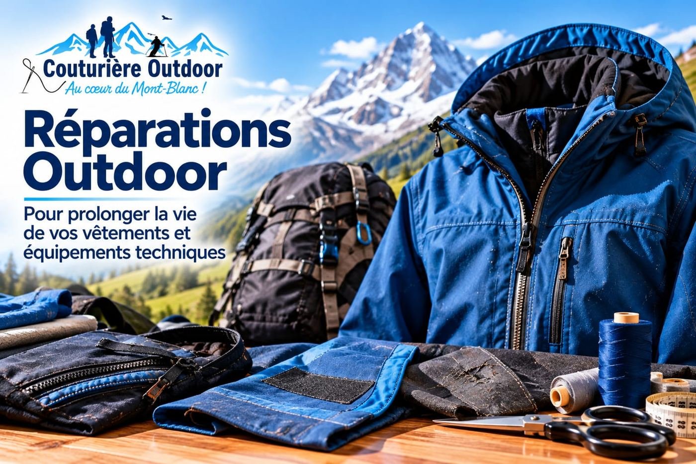 Couturière Outdoor, Réparations Outdoor&nbsp;: pour prolonger la vie de vos vêtements et équipements techniques. Veste bleue, sac à dos, fermetures et fils sur un établi, face à un sommet enneigé