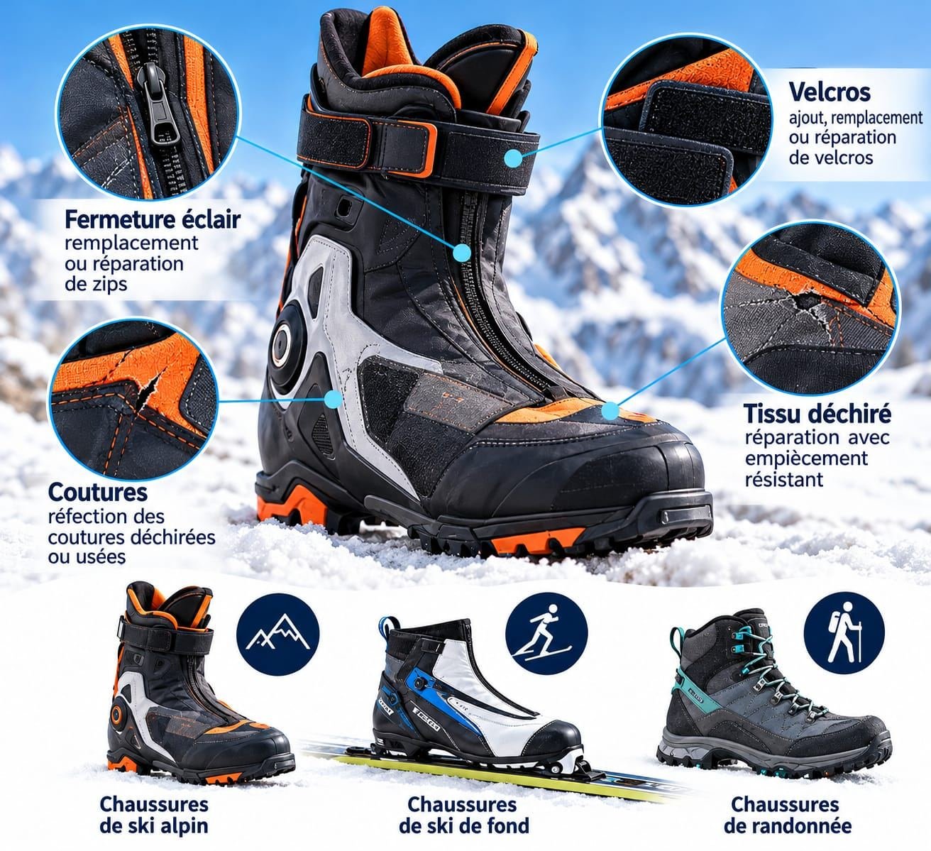 Chaussures de ski alpin, de ski de fond et de randonnée : fermeture éclair (remplacement ou réparation de zips), velcros (ajout, remplacement ou réparation), coutures (réfection des coutures déchirées ou usées), tissu déchiré (réparation avec empiècement résistant)