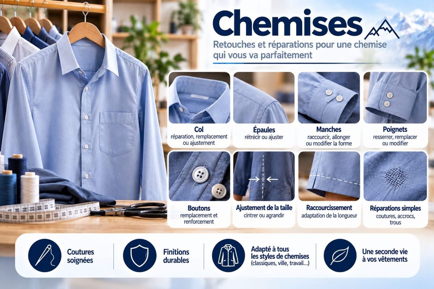 Chemises : col, épaules, manches, poignets, boutons, ajustement de la taille, raccourcissement, réparations simples