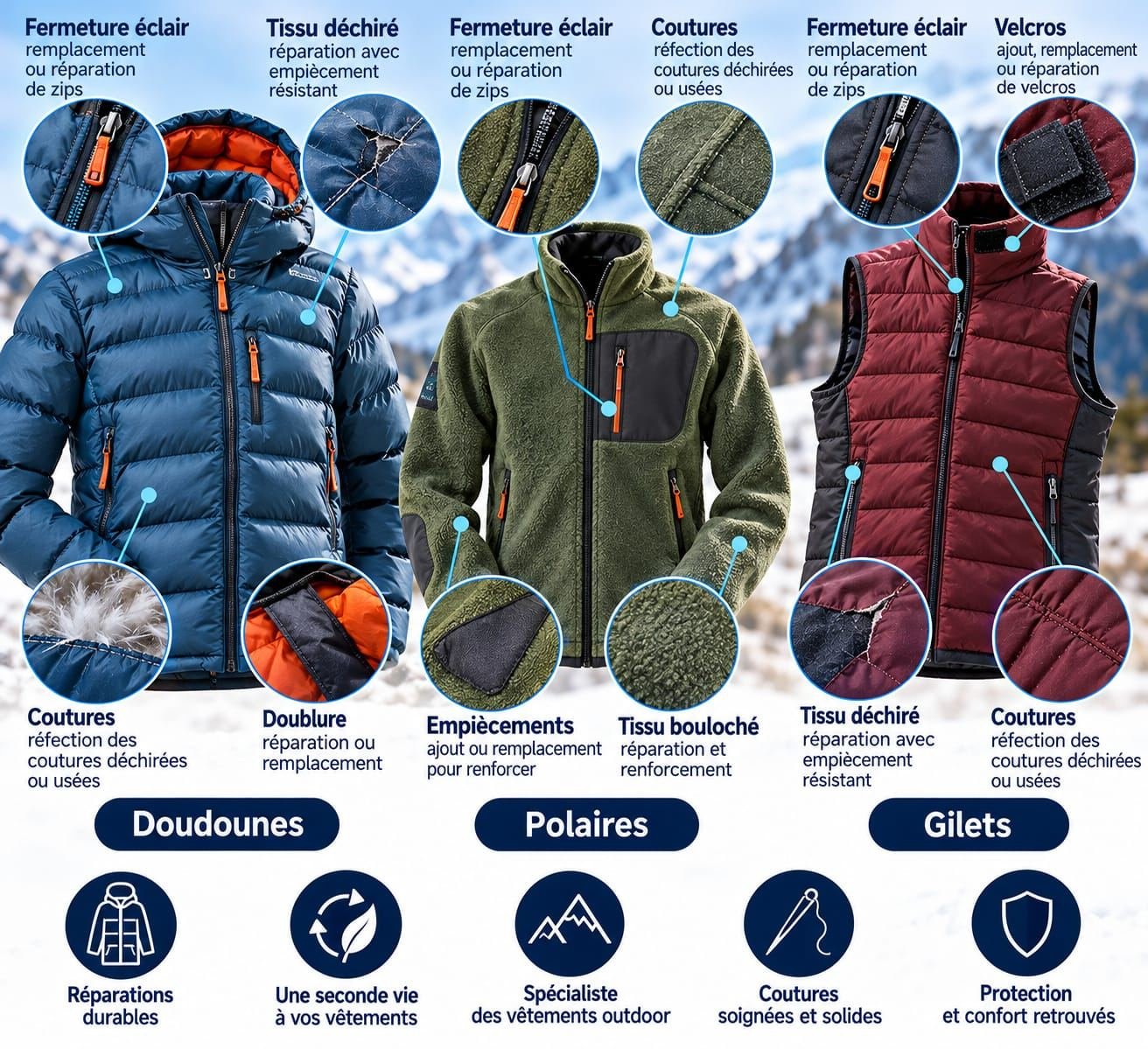 Doudounes, polaires et gilets&nbsp;: fermetures éclair, tissu déchiré, coutures, doublure, empiècements, tissu bouloché, velcros