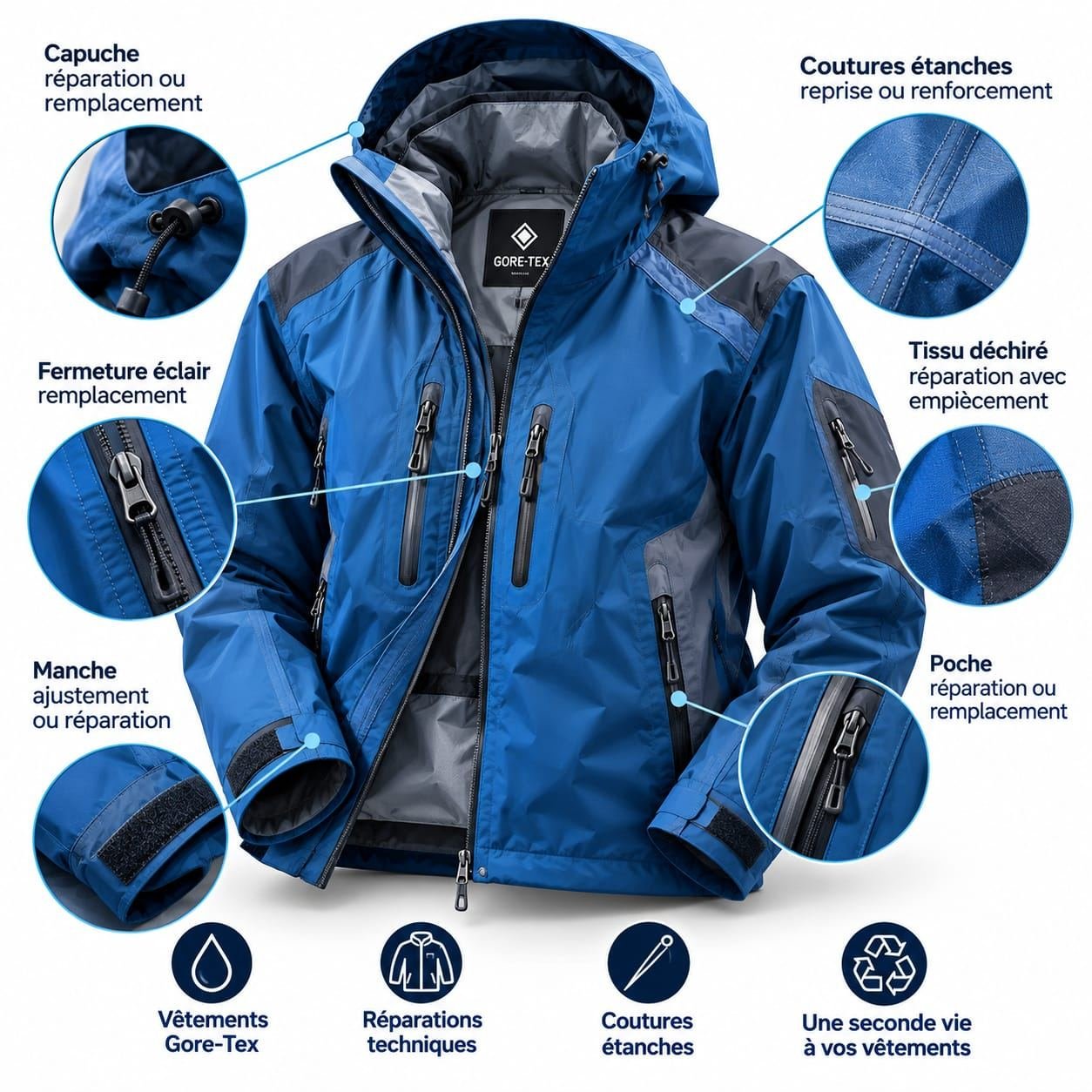 Veste Gore-Tex&nbsp;: capuche (réparation ou remplacement), coutures étanches (reprise ou renforcement), fermeture éclair (remplacement), tissu déchiré (réparation avec empiècement), manche (ajustement ou réparation), poche (réparation ou remplacement)