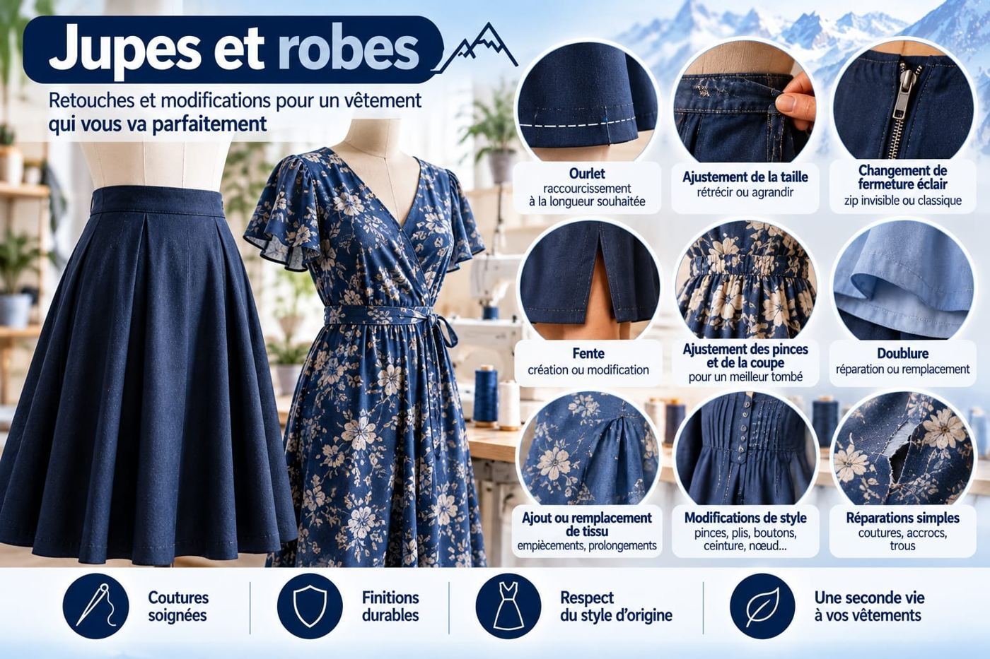 Jupes et robes : ourlet, ajustement de la taille, changement de fermeture éclair, fente, ajustement des pinces et de la coupe, doublure, ajout ou remplacement de tissu, modifications de style, réparations simples