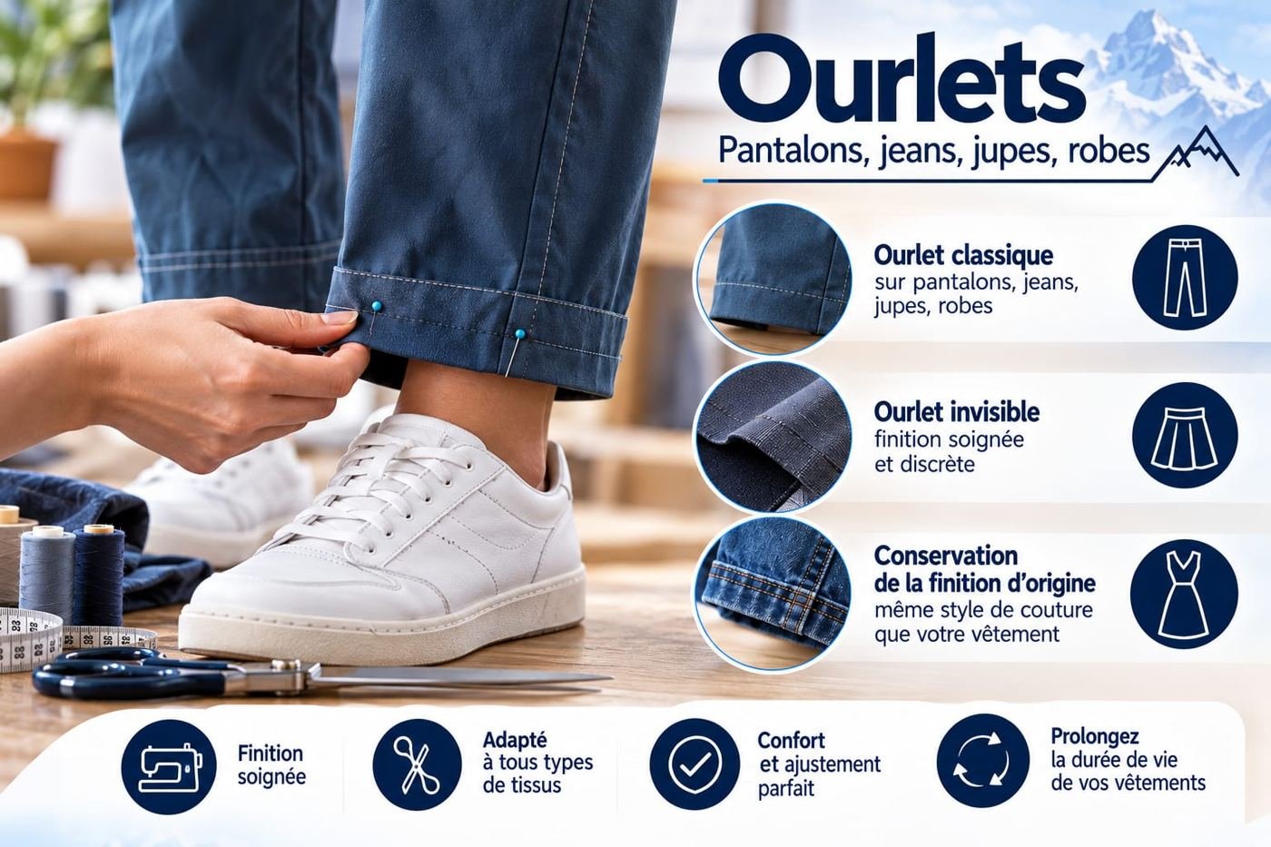 Ourlets sur pantalons, jeans, jupes et robes : ourlet classique, ourlet invisible, conservation de la finition d'origine