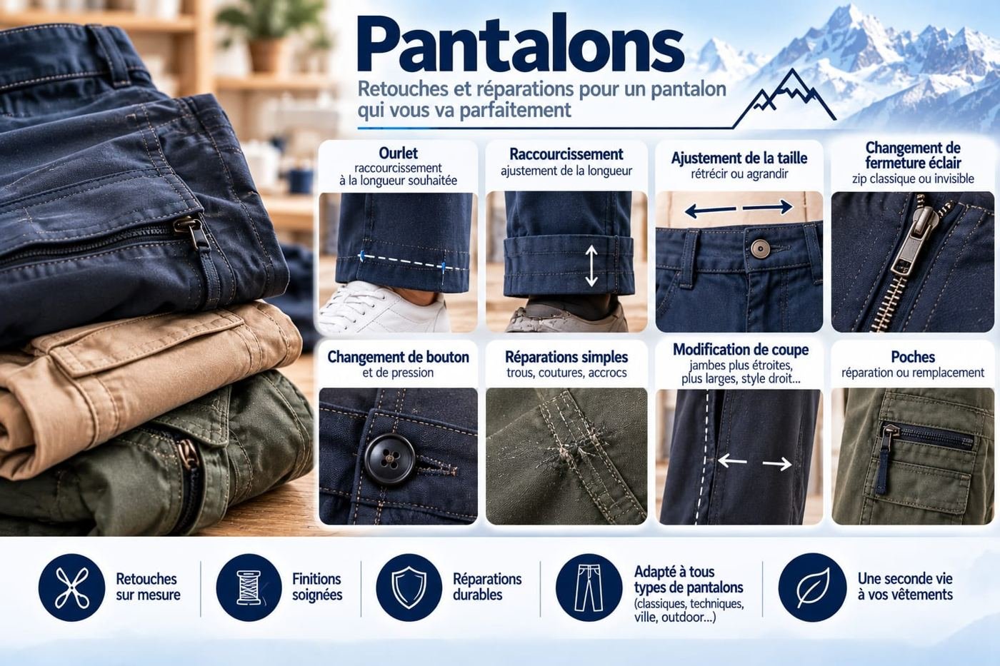Pantalons : ourlet, raccourcissement, ajustement de la taille, changement de fermeture éclair, changement de bouton et de pression, réparations simples, modification de coupe, poches