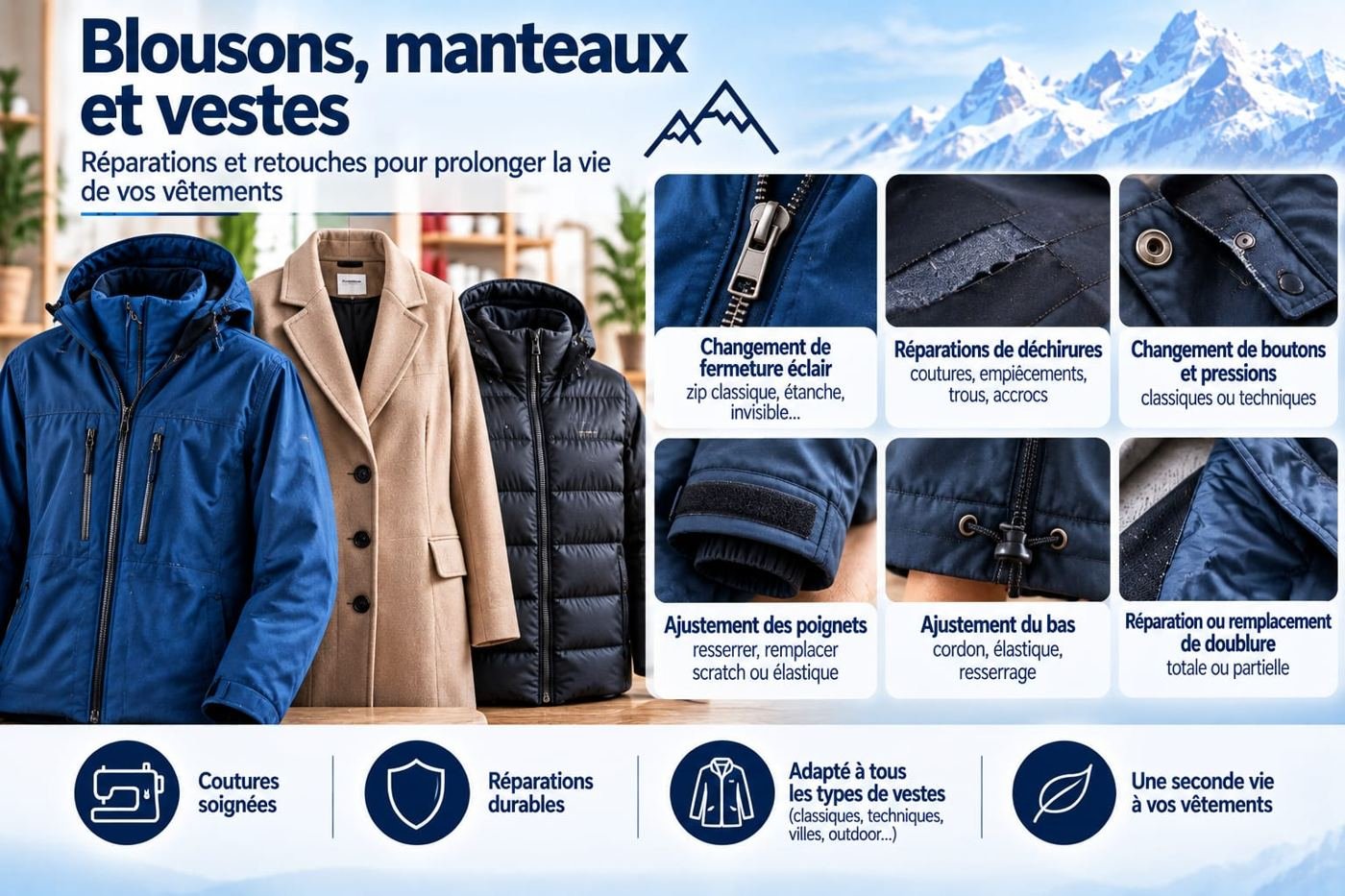 Blousons, manteaux et vestes : changement de fermeture éclair, réparations de déchirures, changement de boutons et pressions, ajustement des poignets, ajustement du bas, réparation ou remplacement de doublure